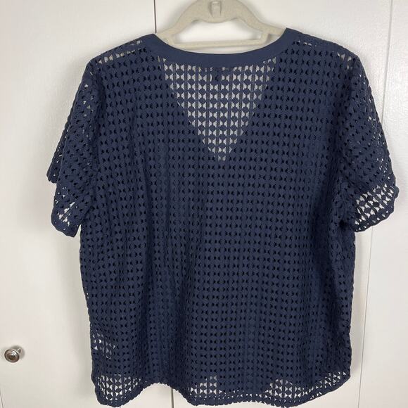 Banana Republic Navy Blue Shirt Top XL VNeck Blouse Mesh Short Sleeve - Picture 6 of 7